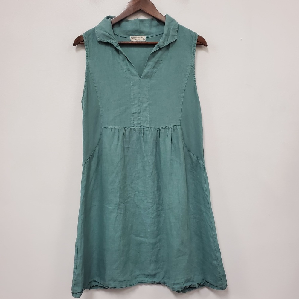 Terzo Millennio Womens Sleeveless Collared V Neck Linen Dress Size L Blue Italy